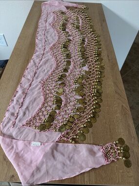 Pink Coin Fringe Belly Dance Hip Scarf with Gold Coins